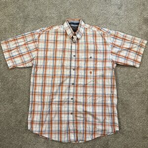 Wrangler 20X Shirt L Plaid Button Front Short Sleeve Western‎ Cowboy Orange Blue